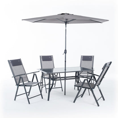 Sanremo – set da giardino con tavolo, 4 sedie reclinabili e ombrellone, colore grigio