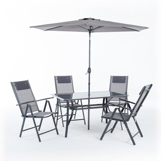 Sanremo – set da giardino con tavolo, 4 sedie reclinabili e ombrellone, colore grigio