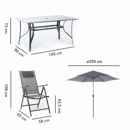 Sanremo – set da giardino con tavolo, 4 sedie reclinabili e ombrellone