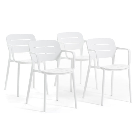 Dora – sedia da esterno in polipropilene impilabile, colore bianco, seduta con braccioli