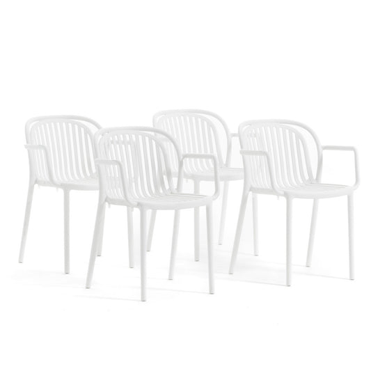 Eloisa – sedia da esterno in resina con struttura a listelli, colore bianco, seduta con braccioli
