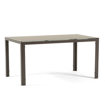Milo – tavolo in alluminio con piano in vetro decorato