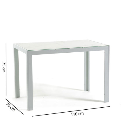 Milo XS – tavolo in alluminio con piano in vetro decorato