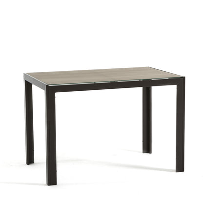 Milo XS – tavolo in alluminio con piano in vetro decorato, struttura tortora, top tavolo legno