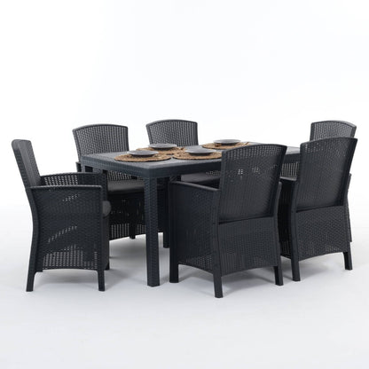 Como XL – tavolo da giardino 150x90 con 6 poltrone effetto rattan, colore antracite