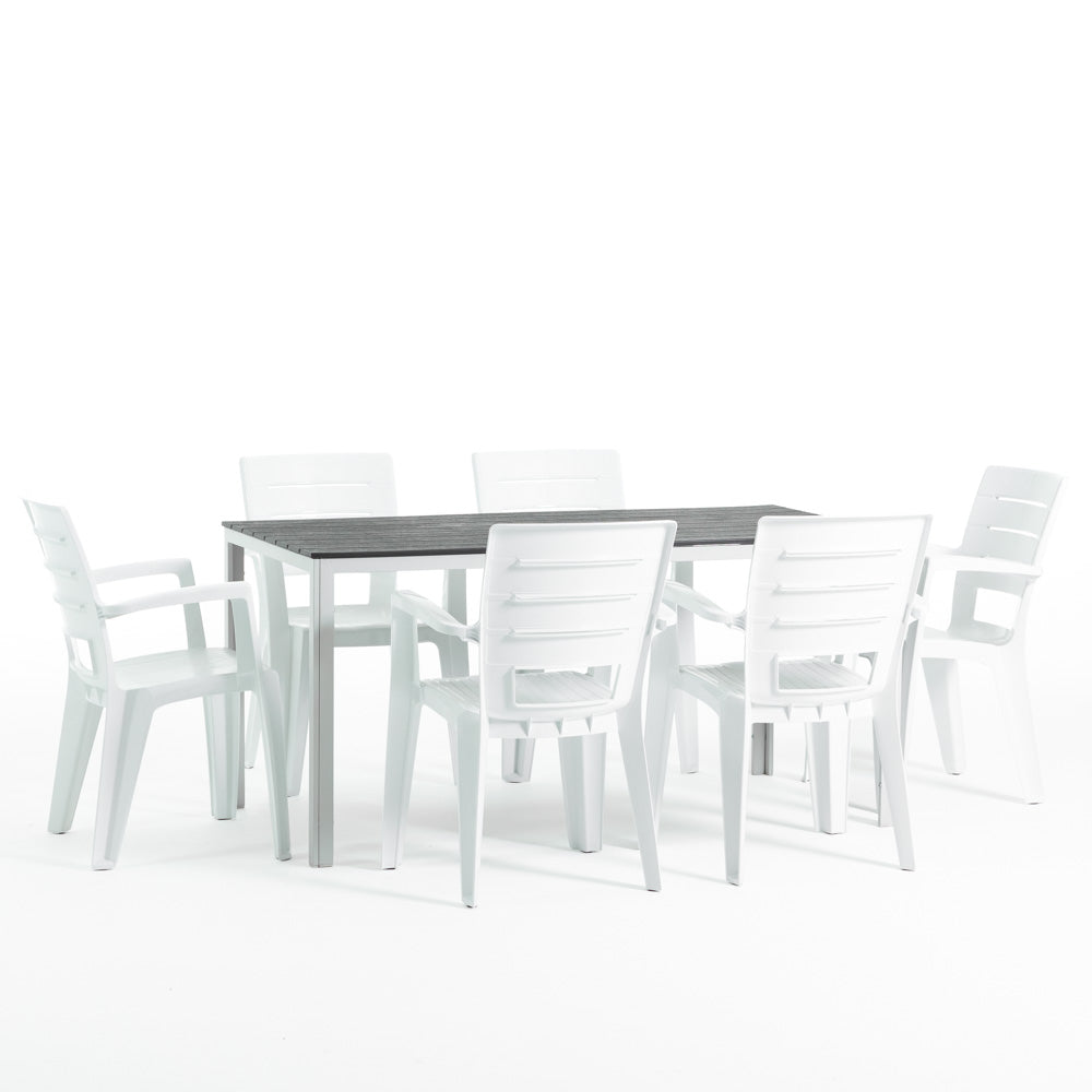 Thomas & Anita set pranzo giardino con 6 sedie e tavolo effetto legno, 6 sedie bianco, dimensione tavolo 156x78 cm, tavolo bianco/ardesia