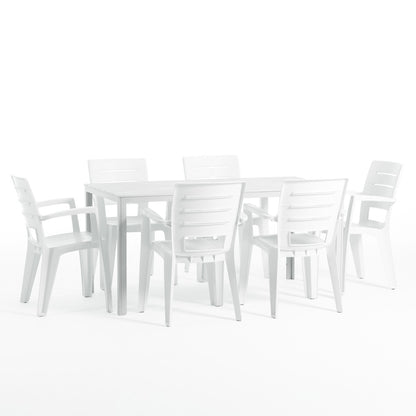 Thomas & Anita set pranzo giardino con 6 sedie e tavolo effetto legno, 6 sedie bianco, dimensione tavolo 156x78 cm, tavolo bianco