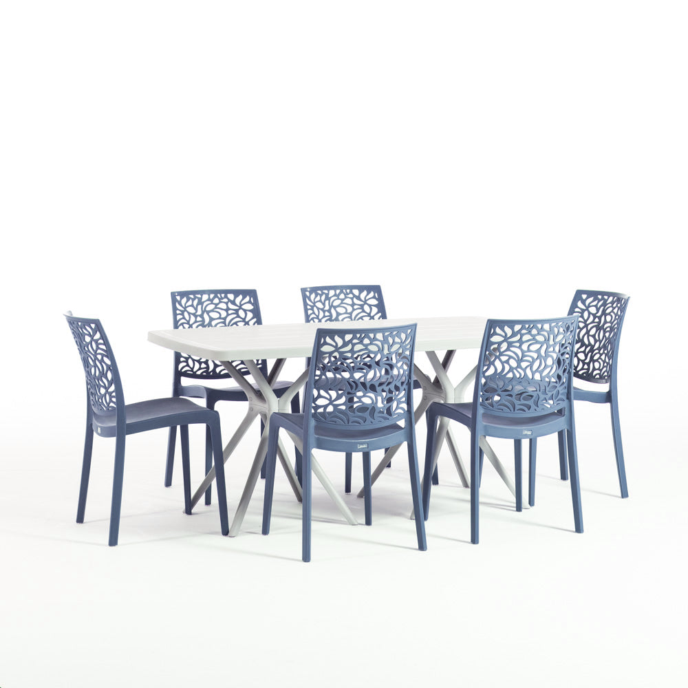 Oliver & Anna tavolo da giardino 158x84 cm con 6 sedie impilabili, 6 sedie petrolio, tavolo grigio chiaro