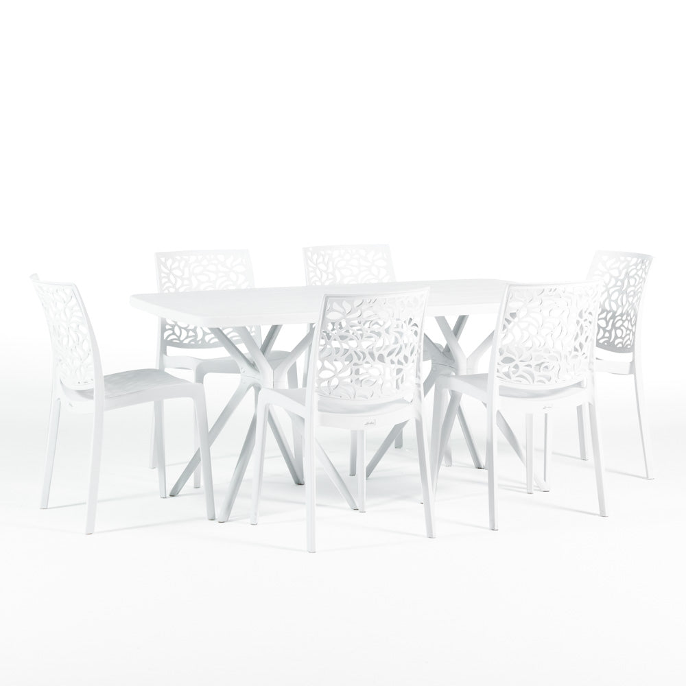 Oliver & Anna tavolo da giardino 158x84 cm con 6 sedie impilabili, 6 sedie bianco, tavolo bianco