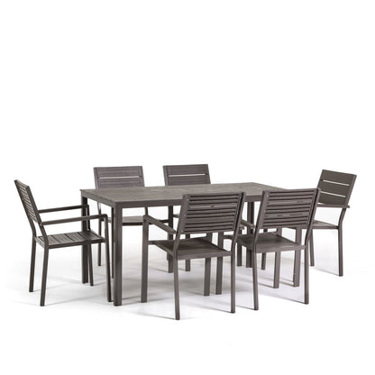 Thomas & Adele set pranzo da esterno con 6 sedie effetto legno, colore tortora, dimensione tavolo 156x78 cm