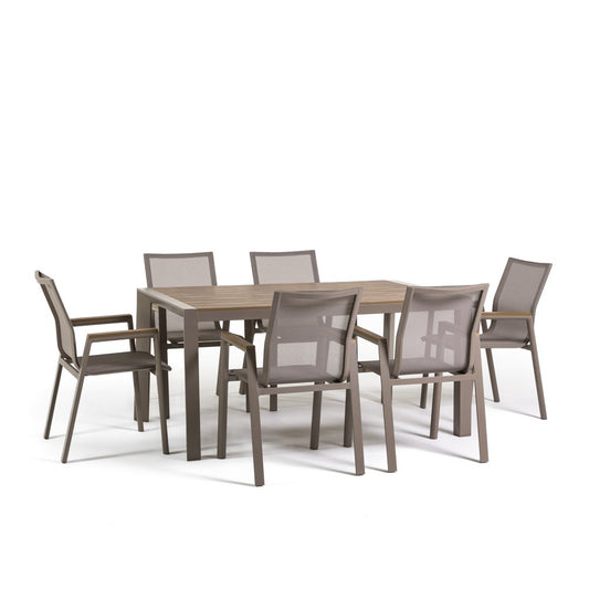 Liam & Deva set pranzo da esterno con tavolo 160x90 e 6 sedie, textilene tortora
