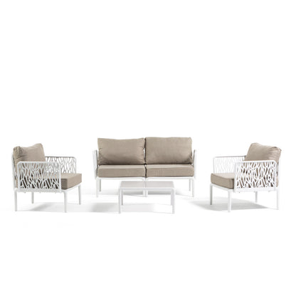 Hoya – set da giardino di design con divano, poltrone e tavolino, colore bianco & corda