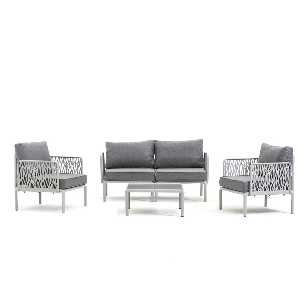 Hoya – set da giardino di design con divano, poltrone e tavolino, colore grigio chiaro & grigio scuro