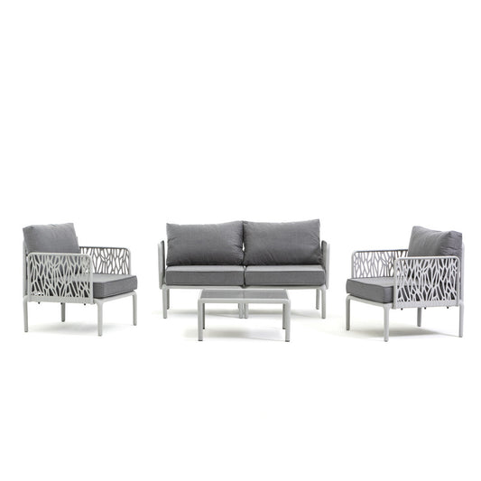 Hoya – set da giardino di design con divano, poltrone e tavolino, colore grigio chiaro & grigio scuro