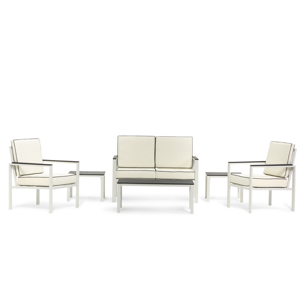 Taormina – salotto da esterno con 3 tavolini e cuscini sfoderabili, colore bianco/ardesia