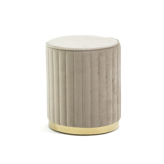 Ruby – pouf cilindrico in velluto trapuntato con base cromata, colore beige, gambe oro, tipo di tessuto velluto