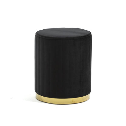 Ruby – pouf cilindrico in velluto trapuntato con base cromata, colore nero, gambe oro, tipo di tessuto velluto