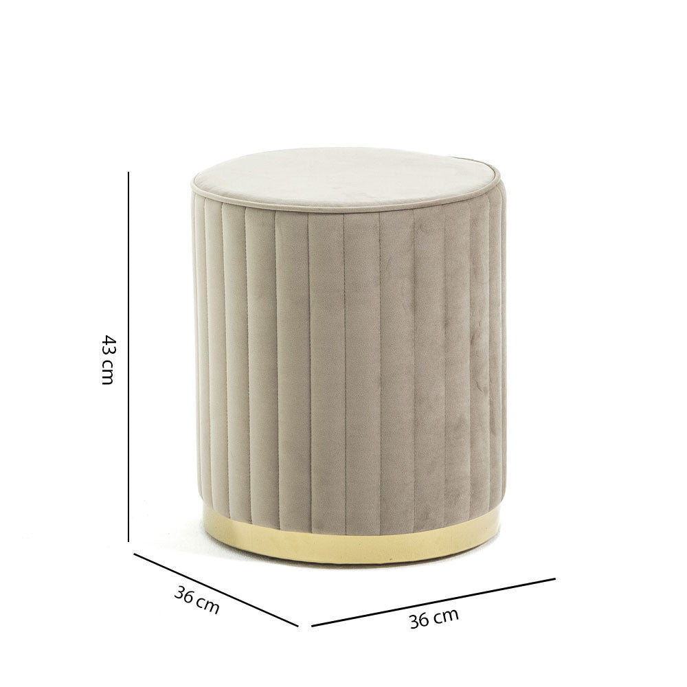 Ruby – pouf cilindrico in velluto trapuntato con base cromata