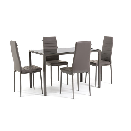 Ettore Lidia – set pranzo con tavolo in metallo e vetro e 4 sedie, colore tortora