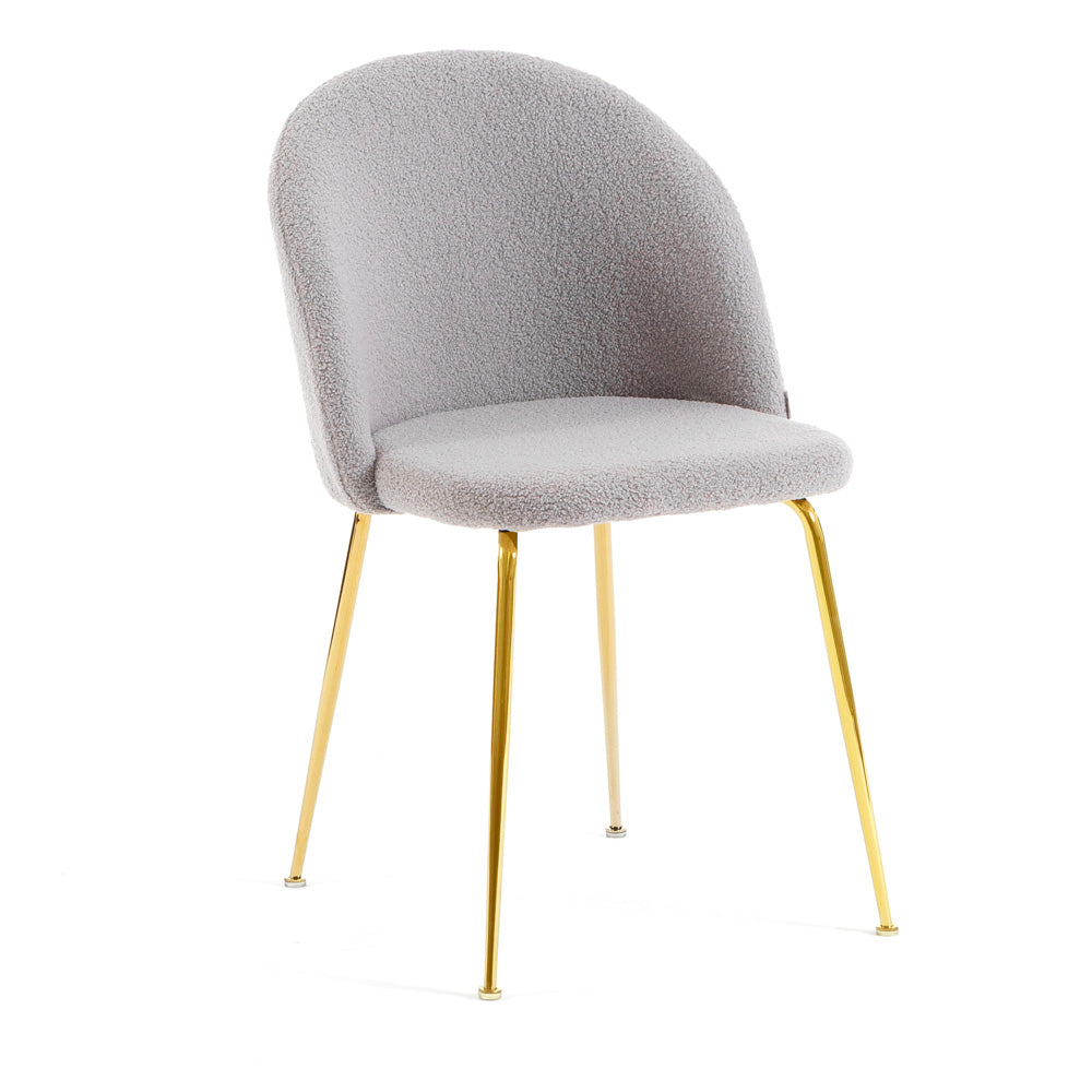 Sara – sedia in tessuto teddy con gambe in metallo, colore grigio chiaro, gambe oro