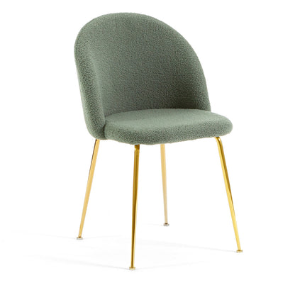 Sara – sedia in tessuto teddy con gambe in metallo, colore salvia, gambe oro