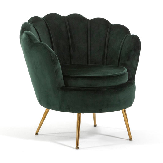 Perla – poltrona a conchiglia in velluto con gambe in metallo, colore verde scuro, gambe oro, tipo di tessuto velluto