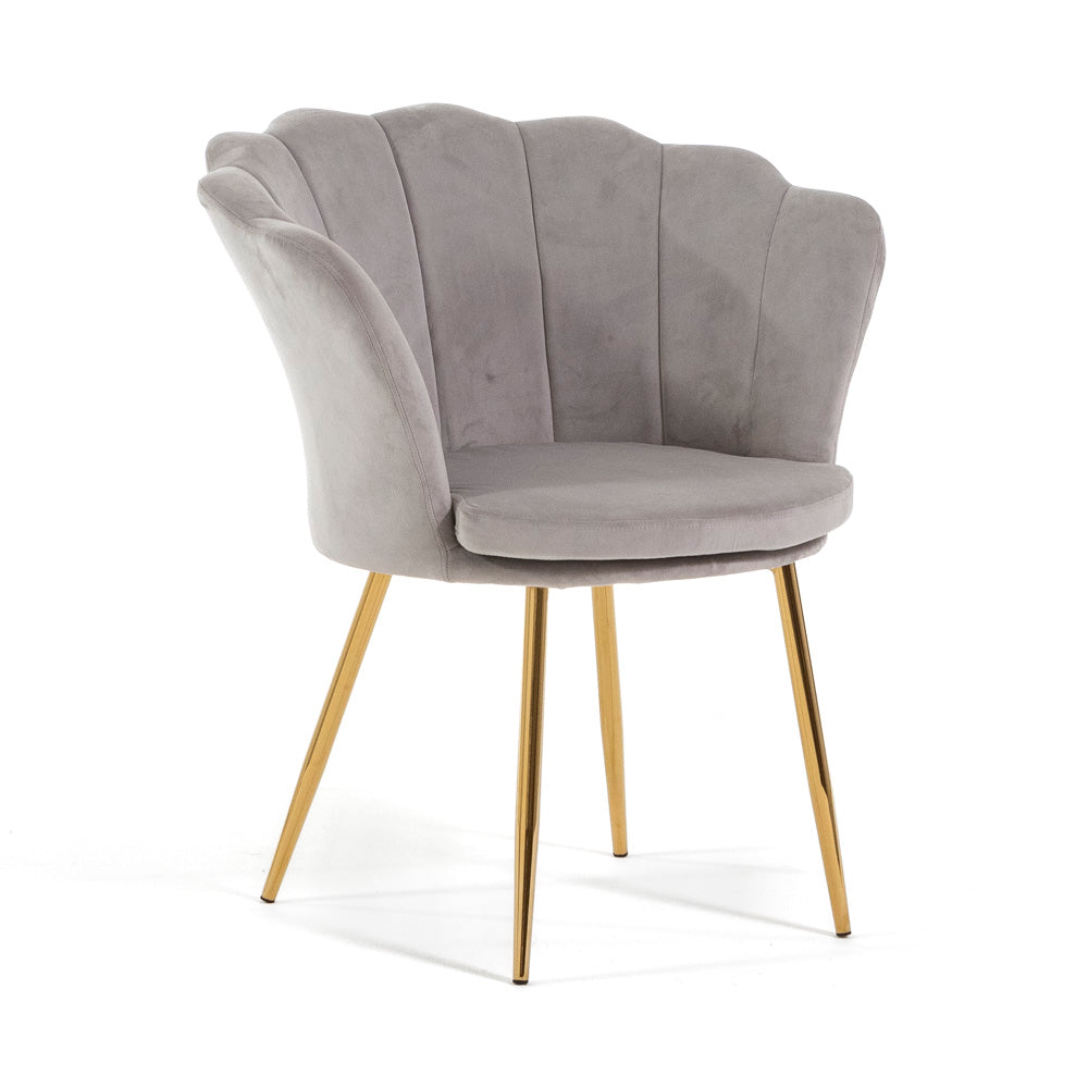 Shelly – Poltroncina design petali in velluto con gambe in metallo, colore grigio chiaro, gambe oro, tipo di tessuto velluto