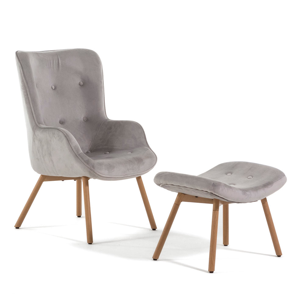 Sissi – poltrona elegante in velluto con poggiapiedi, colore grigio chiaro, tipo di tessuto velluto