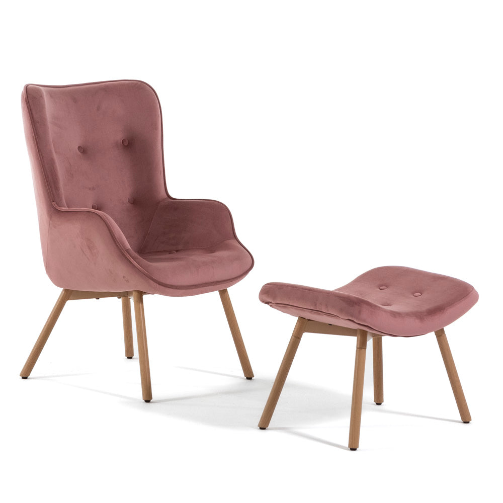 Sissi – poltrona elegante in velluto con poggiapiedi, colore rosa blush, tipo di tessuto velluto