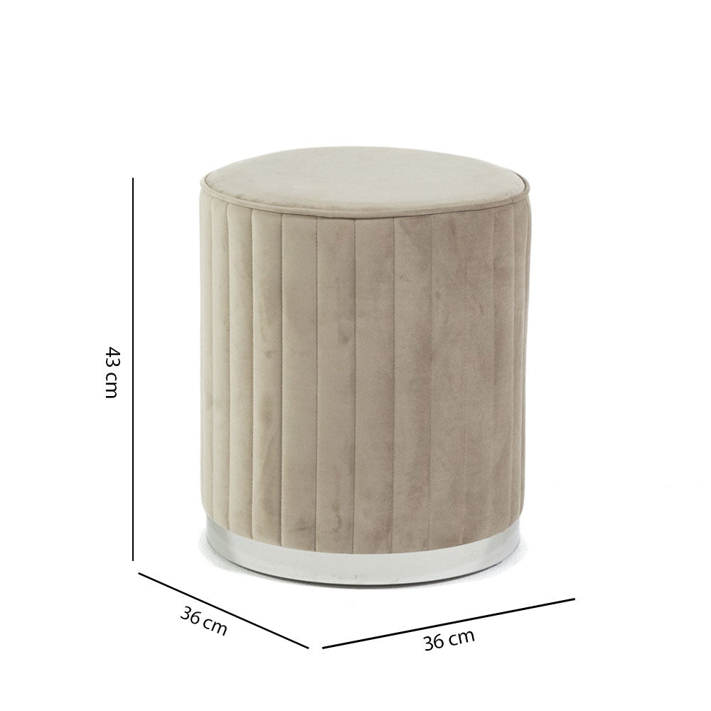 Ruby – pouf cilindrico in velluto trapuntato con base cromata