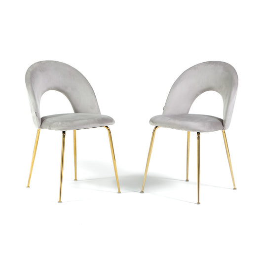 Margot – sedia in velluto con schienale curvo e gambe in metallo, colore grigio chiaro, gambe oro