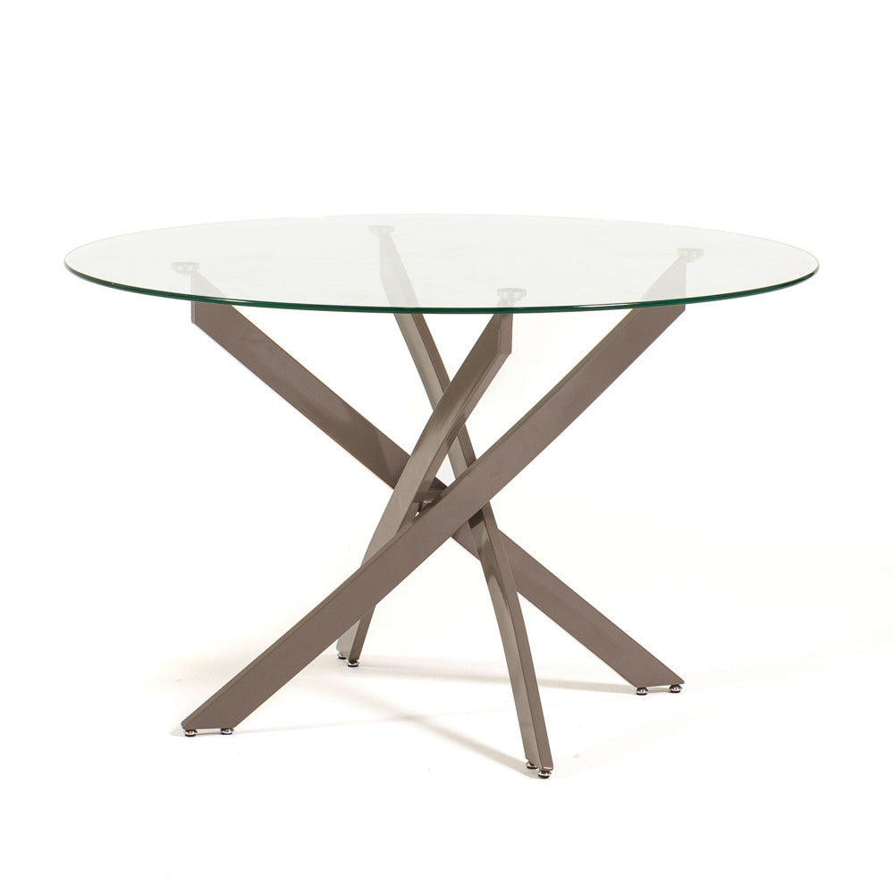 Kasper – tavolo rotondo in vetro temperato e metallo, colore del piano in vetro trasparente, dimensione ø 120 cm, gambe tortora
