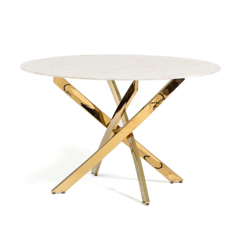 Kasper – tavolo rotondo in vetro temperato e metallo, colore del piano in vetro marmo rosa, dimensione ø 120 cm, gambe oro