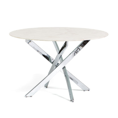 Kasper – tavolo rotondo in vetro temperato e metallo, colore del piano in vetro marmo rosa, dimensione ø 120 cm, gambe argento