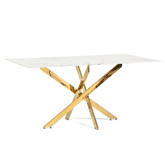 Morgan – tavolo in vetro effetto marmo e gambe metallo, colore del piano in vetro marmo bianco, dimensione 160x90 cm, gambe oro