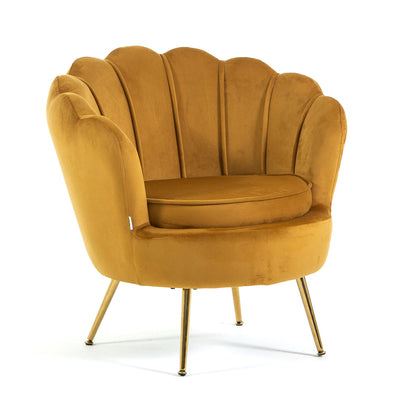 Perla – poltrona a conchiglia in velluto con gambe in metallo, colore senape, gambe oro, tipo di tessuto velluto