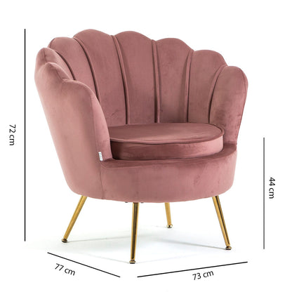 Perla – poltrona a conchiglia in velluto con gambe in metallo