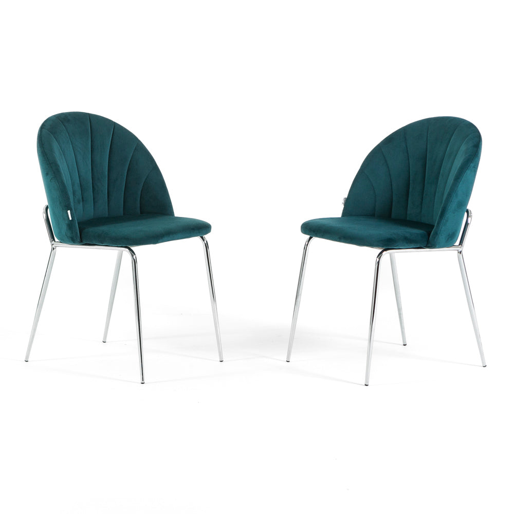 Sonia – sedia in velluto con schienale interno trapuntato, colore ottanio, gambe argento