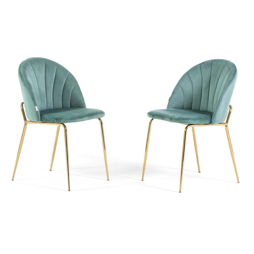 Sonia – sedia in velluto con schienale interno trapuntato, colore verde giada, gambe oro