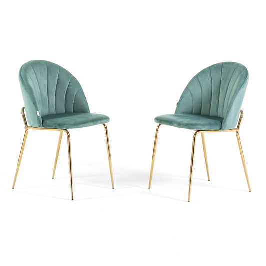 Sonia – sedia in velluto con schienale interno trapuntato, colore verde giada, gambe oro