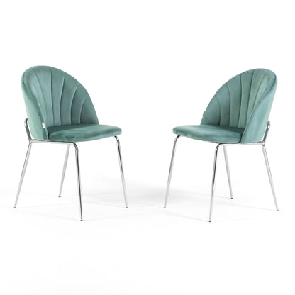 Sonia – sedia in velluto con schienale interno trapuntato, colore verde giada, gambe argento