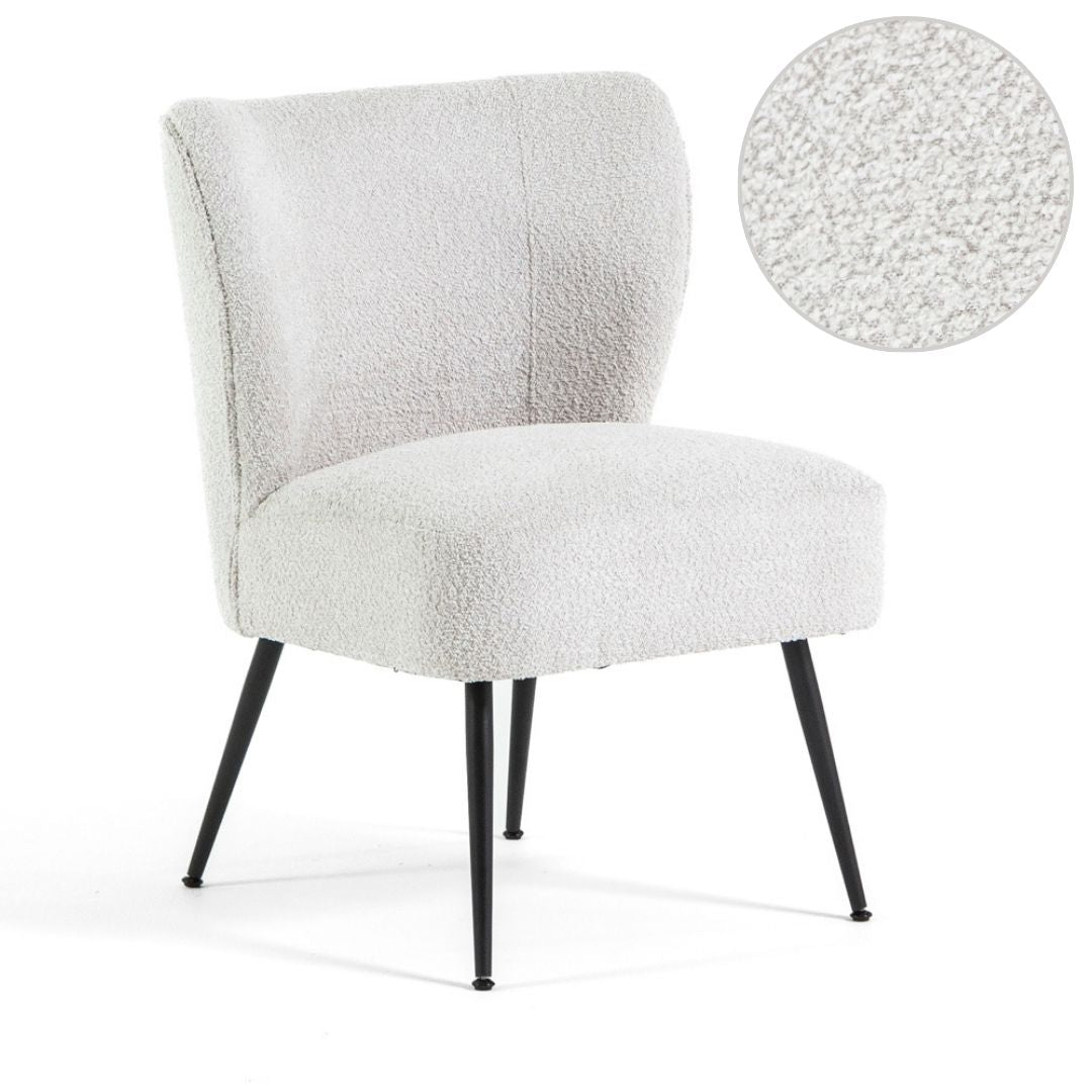 Irene – poltrona in tessuto bouclé con struttura a molle, colore ivory, tipo di tessuto bouclé