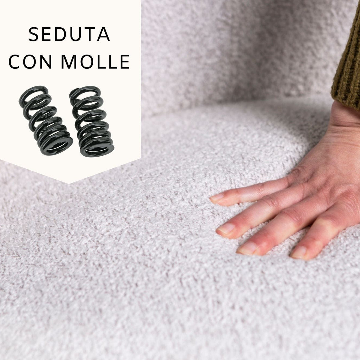 Irene – poltrona in tessuto bouclé con struttura a molle