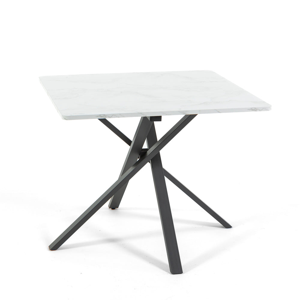 Carlo – tavolo quadrato in melaminico con base in metallo, gambe grigio scuro, top tavolo marmo bianco