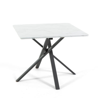 Carlo – tavolo quadrato in melaminico con base in metallo, gambe grigio scuro, top tavolo marmo bianco