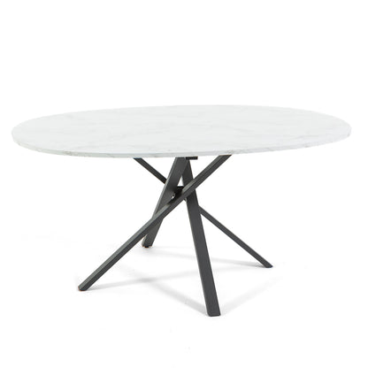 Carlo – tavolo ovale in melaminico con base incrociata, gambe grigio scuro, top tavolo marmo bianco