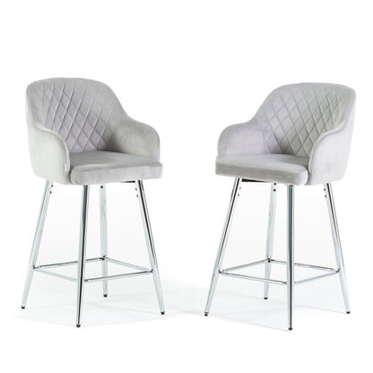 Tessa XL – sgabello in velluto con schienale trapuntato, colore grigio chiaro, gambe argento