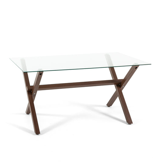 Amos – tavolo in vetro temperato con gambe a X in acciaio, dimensione 150x90 cm, gambe effetto legno scuro