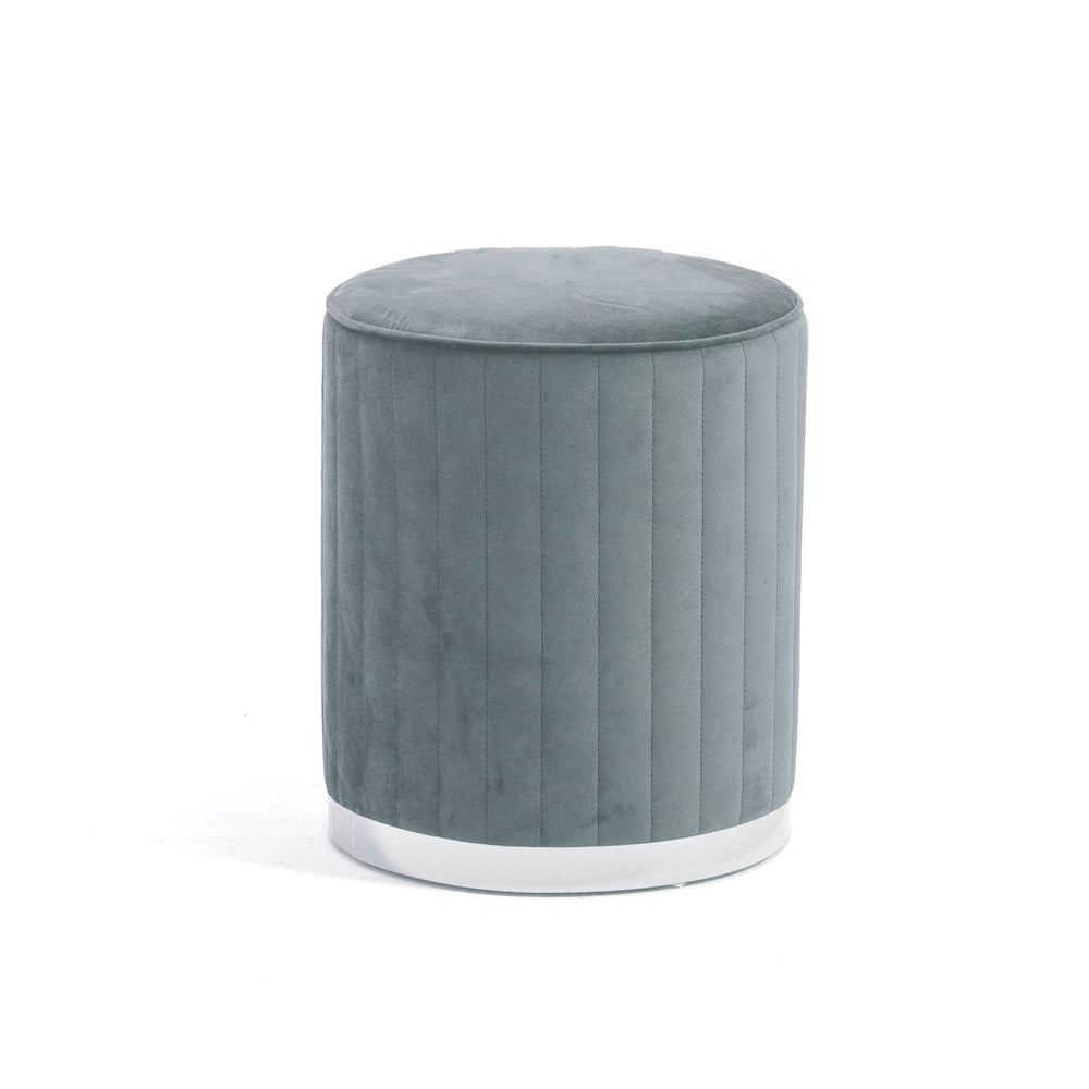 Ruby – pouf cilindrico in velluto trapuntato con base cromata, colore grigio scuro, gambe argento, tipo di tessuto velluto