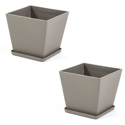 Lilium – vaso quadrato con sottovaso in polipropilene, colore tortora, dimensione 37,5x37,5 cm
